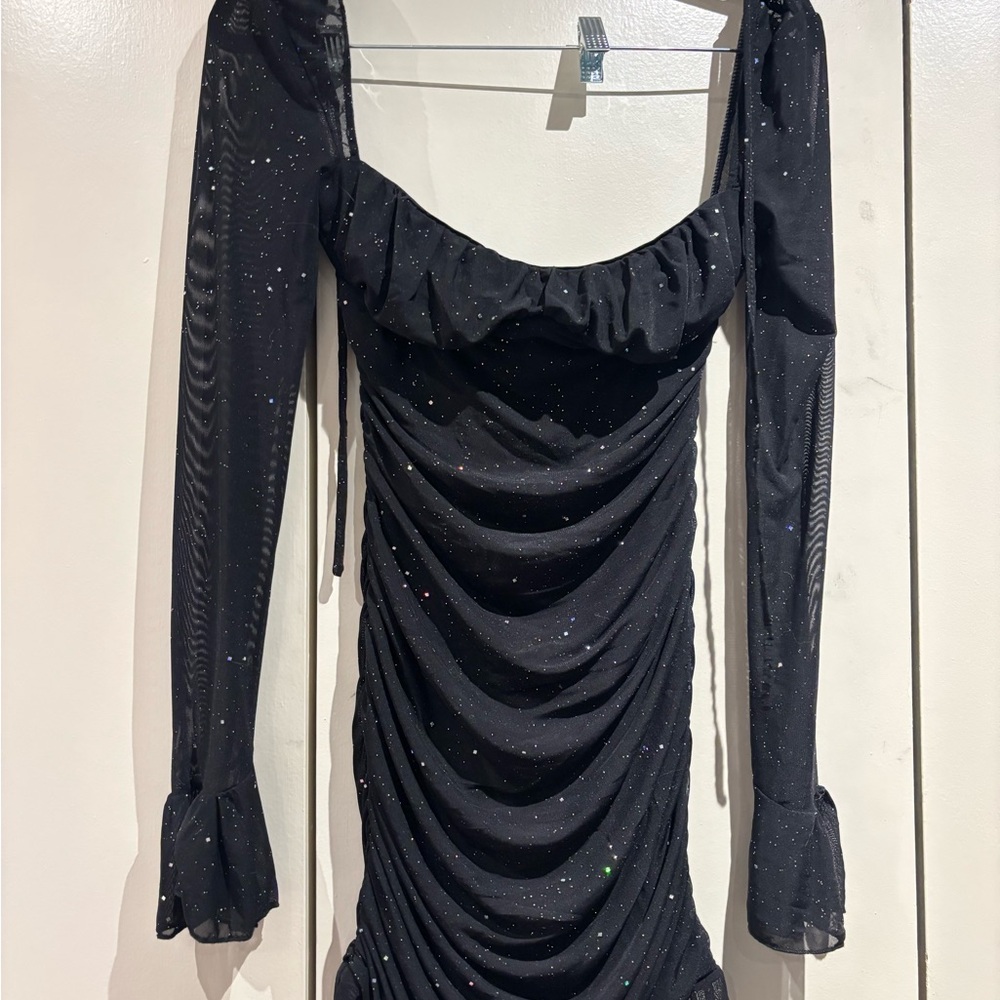 Elegant Black Ruched Dress with Glitter